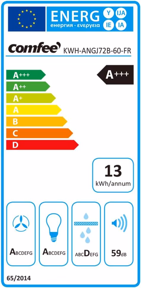 Hotte aspirante inclinée Comfee 60 cm – A+++, 650 m³/h (ANGJ72B)
