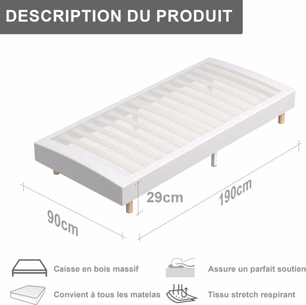 Sommier tapissier Dewinner 90x190 – 14 lattes, 6 pieds renforcés