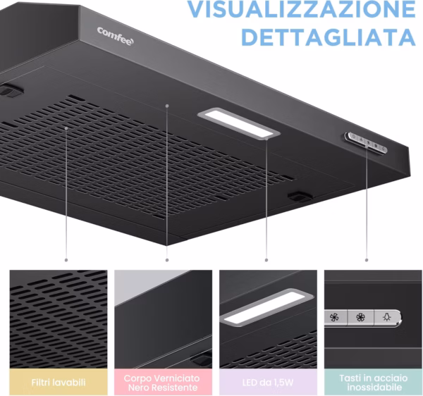 Hotte aspirante visière Comfee 60 cm – SLIF17B-60, LED