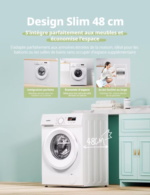 Lave-linge frontal Comfee 8 kg – profondeur 48 cm, vapeur (CFE12EW80-W)