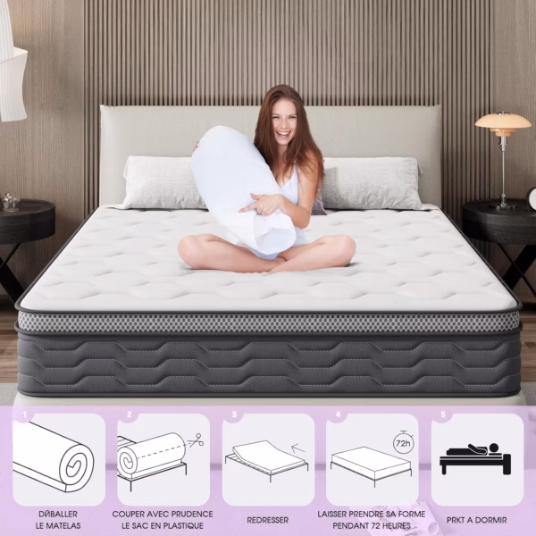 Matelas ressorts ensachés Dewinner 140x190 – 700 ressorts, mémoire de forme