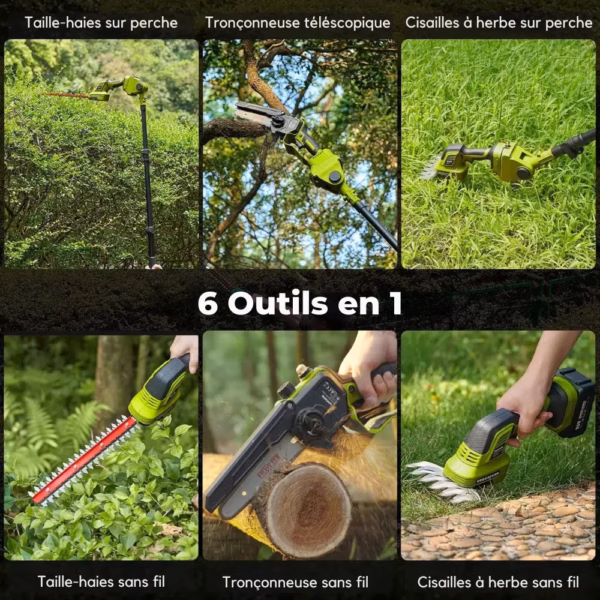 Kit jardin 6-en-1 Supstable sans fil – tronçonneuse, taille-haie, perche 4,57 m
