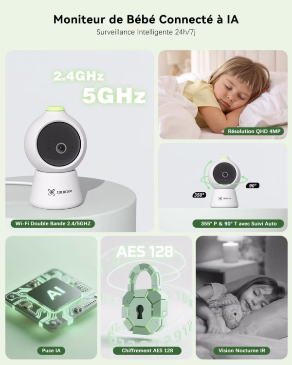 Babyphone vidéo Cococam 2K – écran 5", suivi automatique, détection IA