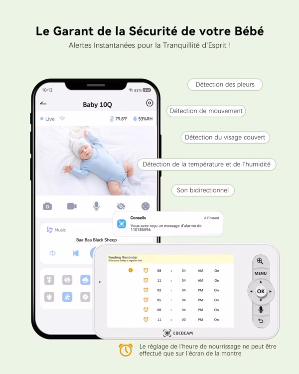 Babyphone vidéo Cococam 2K – écran 5", suivi automatique, détection IA