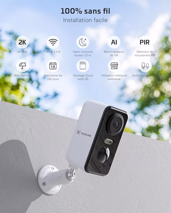 Caméra de surveillance Cococam 2K WiFi – sans fil, étanche IP66