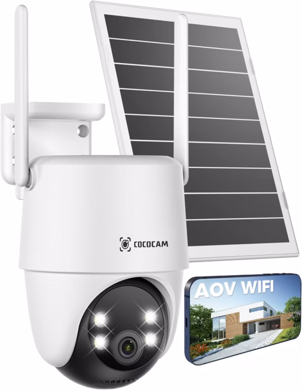 Caméra de surveillance solaire Cococam 2K AOV – PTZ, enregistrement 24/7
