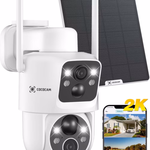 Caméra de surveillance solaire Cococam 2K – double objectif, PTZ