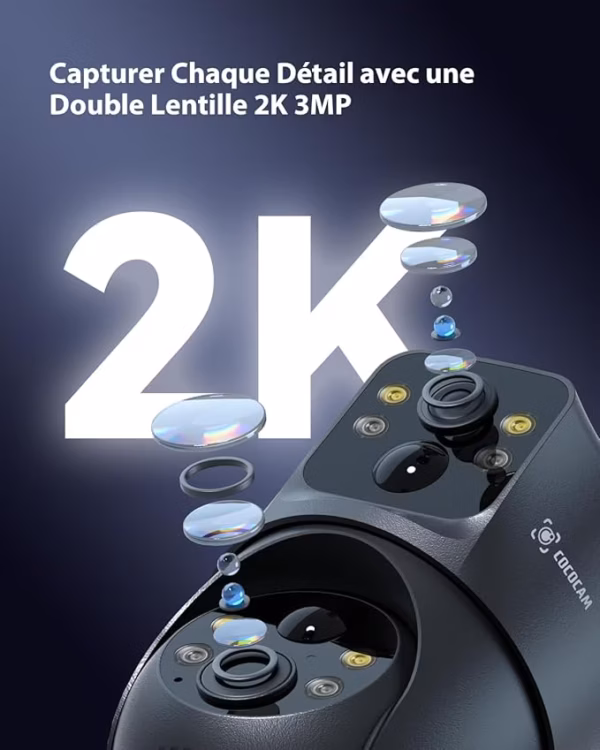 Caméra de surveillance solaire Cococam Q3 – double objectif 2K WiFi