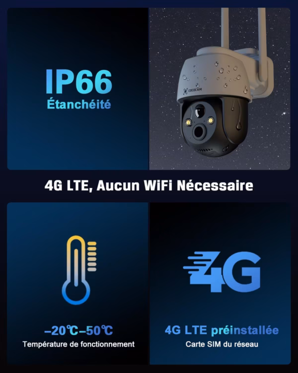 Caméra de surveillance 4G solaire Cococam – PTZ, sans WiFi