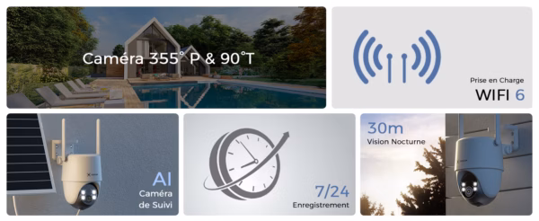 Caméra de surveillance solaire Cococam 2K AOV – PTZ, enregistrement 24/7