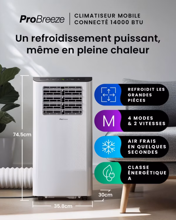 Climatiseur mobile Pro Breeze 14000 BTU – WiFi, 4-en-1, jusqu’à 40 m²