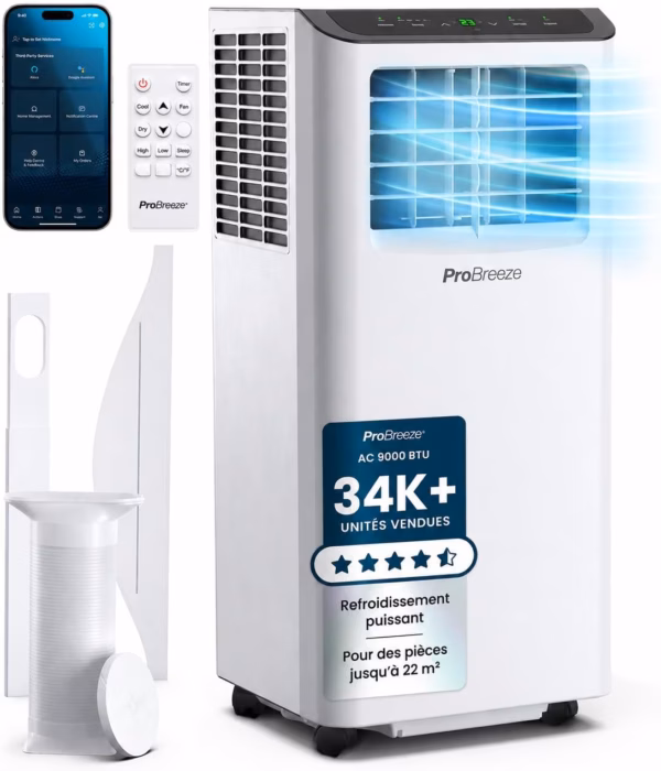 Climatiseur mobile Pro Breeze 9000 BTU – WiFi, 4-en-1, jusqu’à 22 m²