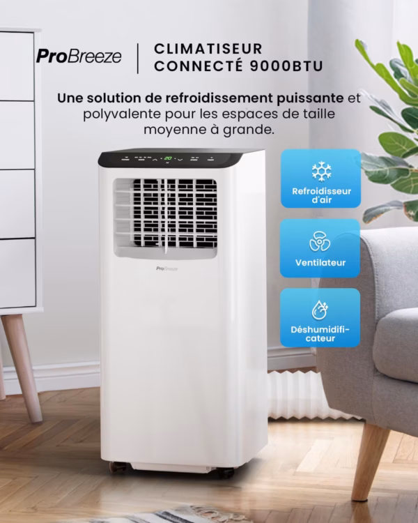 Climatiseur mobile Pro Breeze 9000 BTU – WiFi, 4-en-1, jusqu’à 22 m²