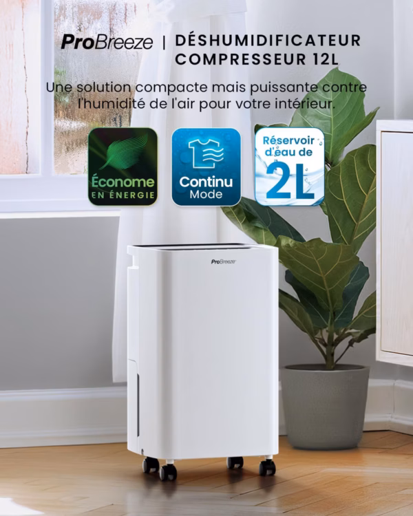 Déshumidificateur Pro Breeze 12L PB-D-27 – silencieux 39 dB, mode linge