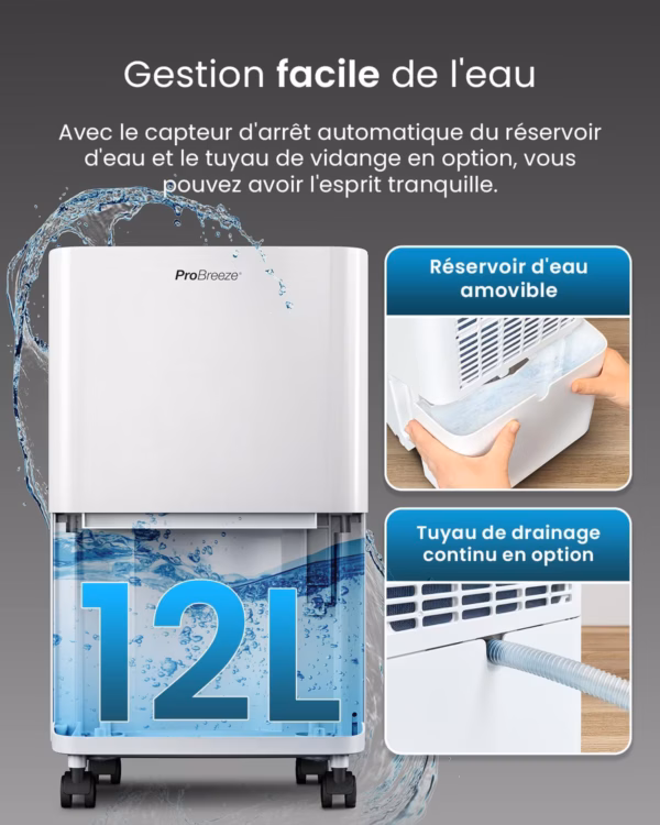 Déshumidificateur Pro Breeze 12L PB-D-27 – silencieux 39 dB, mode linge