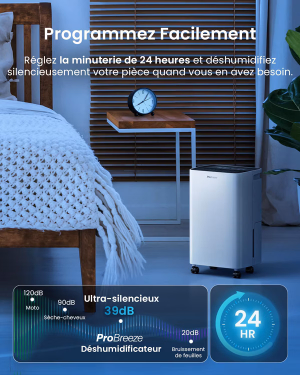 Déshumidificateur Pro Breeze 12L PB-D-27 – silencieux 39 dB, mode linge