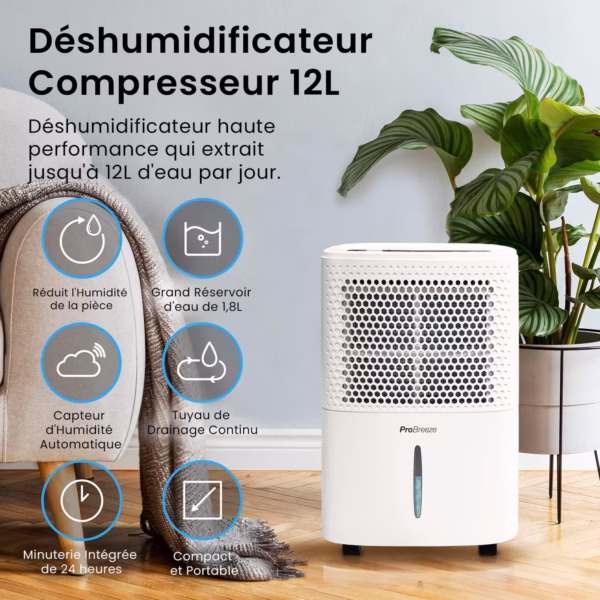 Déshumidificateur Pro Breeze 12L silencieux – écran tactile, 40 dB