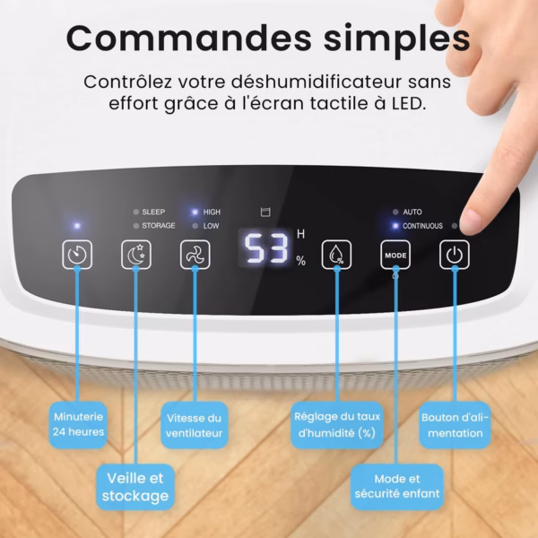 Déshumidificateur Pro Breeze 12L silencieux – écran tactile, 40 dB