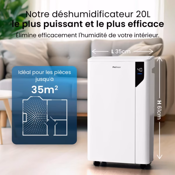 Déshumidificateur Pro Breeze 20L – mode séchage linge, détecteur intelligent