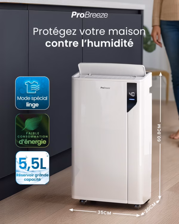 Déshumidificateur Pro Breeze 20L – mode séchage linge, détecteur intelligent