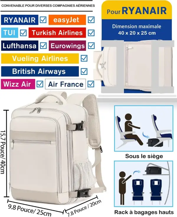 klostain-sac-dos-cabine-40x20x25-20l-beige-2 Sac à dos cabine KLOSTAIN 40x20x25 cm 20L – Beige