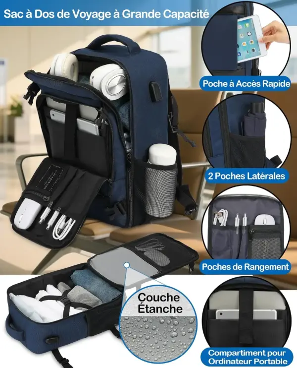 klostain-sac-dos-cabine-40x20x25-20l-bleu-profond-4 Sac à dos cabine KLOSTAIN 40x20x25 cm 20L – Bleu Profond