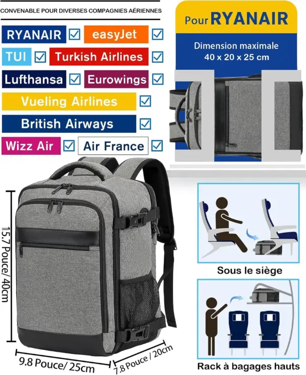klostain-sac-dos-cabine-40x20x25-20l-gris-2 Sac à dos cabine KLOSTAIN 40x20x25 cm 20L – Gris