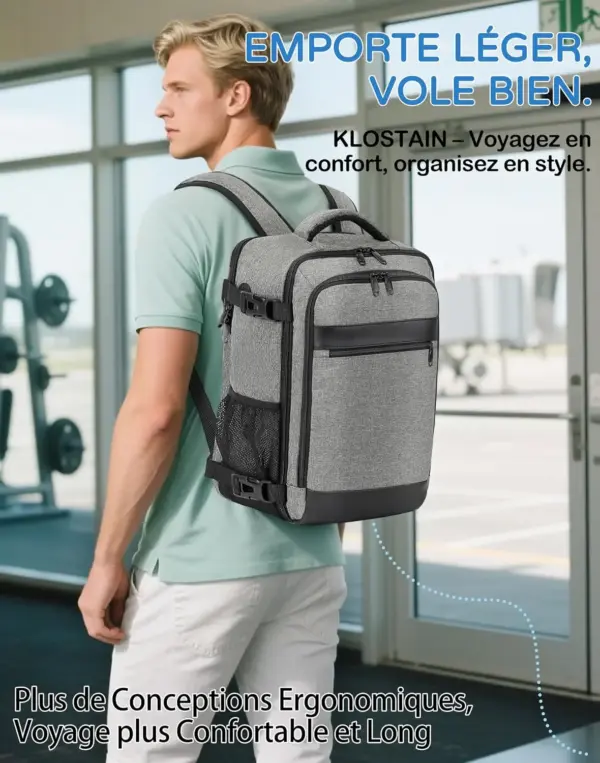 klostain-sac-dos-cabine-40x20x25-20l-gris-6 Sac à dos cabine KLOSTAIN 40x20x25 cm 20L – Gris
