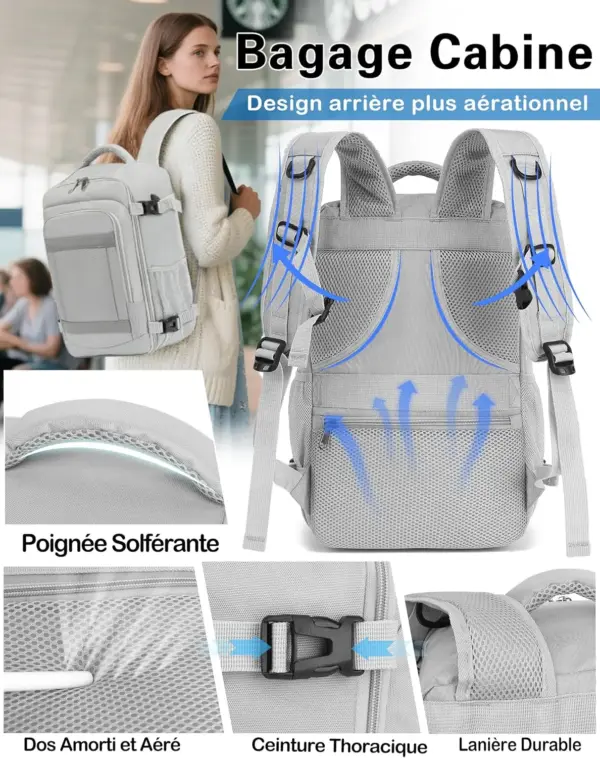 klostain-sac-dos-cabine-40x20x25-20l-gris-clair-5 Sac à dos cabine KLOSTAIN 40x20x25 cm 20L – Gris Clair