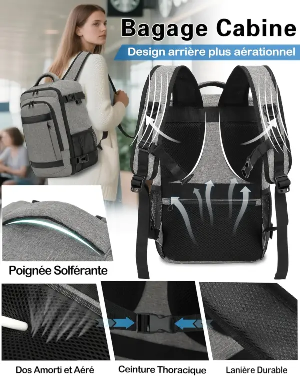 klostain-sac-dos-cabine-40x20x25-20l-gris-melange-clair-5 Sac à dos cabine KLOSTAIN 40x20x25 cm 20L – Gris Mélangé Clair