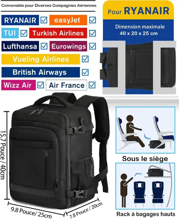 klostain-sac-dos-cabine-40x20x25-20l-noir-2 Sac à dos cabine KLOSTAIN 40x20x25 cm 20L – Noir