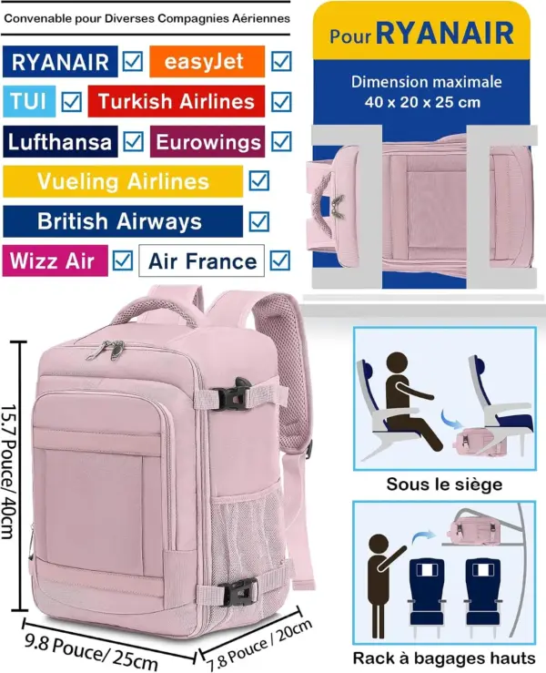 klostain-sac-dos-cabine-40x20x25-20l-rose-2 Sac à dos cabine KLOSTAIN 40x20x25 cm 20L – Rose