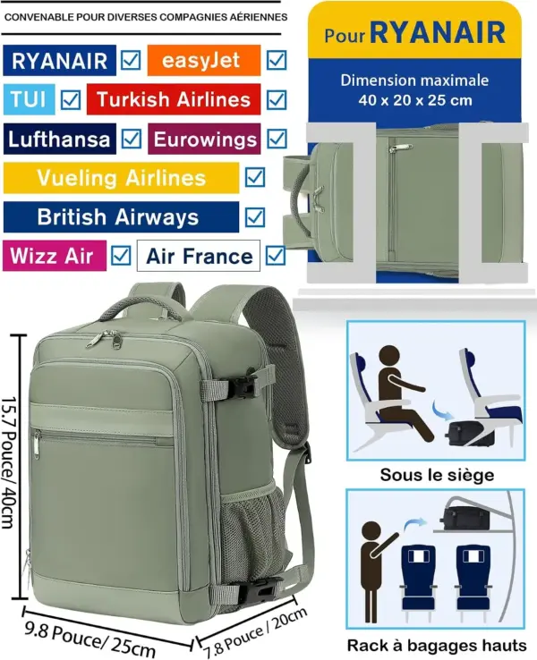 klostain-sac-dos-cabine-40x20x25-20l-vert-2-1 Sac à dos cabine KLOSTAIN 40x20x25 cm 20L – Vert