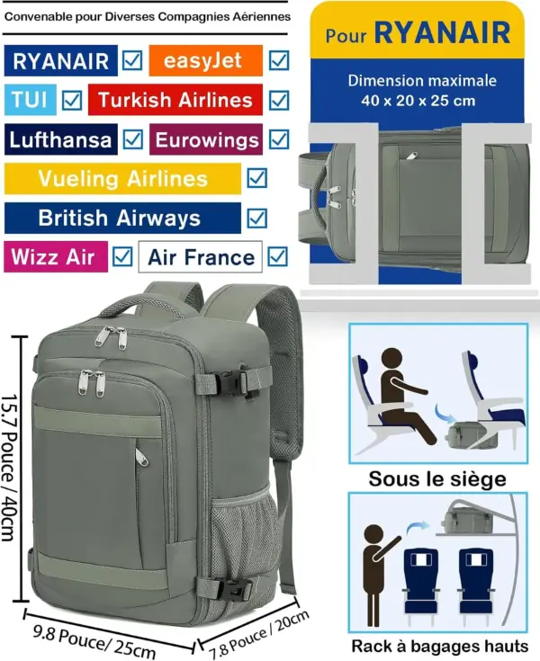 klostain-sac-dos-cabine-40x20x25-20l-vert-2 Sac à dos cabine KLOSTAIN 40x20x25 cm 20L – Vert