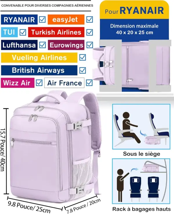 klostain-sac-dos-cabine-40x20x25-20l-violet-clair-2-1 Sac à dos cabine KLOSTAIN 40x20x25 cm 20L – Violet Clair