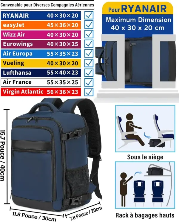 klostain-sac-dos-cabine-40x30x20-24l-bleu-profond-2-1 Sac à dos cabine KLOSTAIN 40x30x20 cm 24L – Bleu Profond