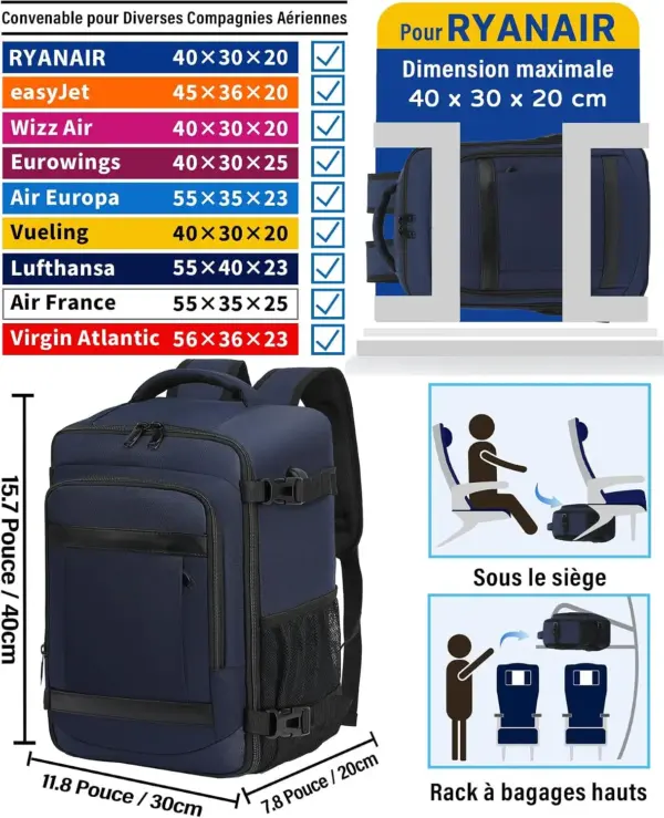 klostain-sac-dos-cabine-40x30x20-24l-bleu-profond-2 Sac à dos cabine KLOSTAIN 40x30x20 cm 24L – Bleu Profond