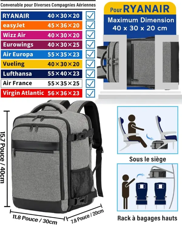 klostain-sac-dos-cabine-40x30x20-24l-gris-2 Sac à dos cabine KLOSTAIN 40x30x20 cm 24L – Gris
