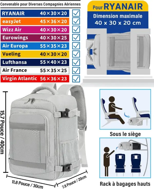 klostain-sac-dos-cabine-40x30x20-24l-gris-clair-2 Sac à dos cabine KLOSTAIN 40x30x20 cm 24L – Gris Clair
