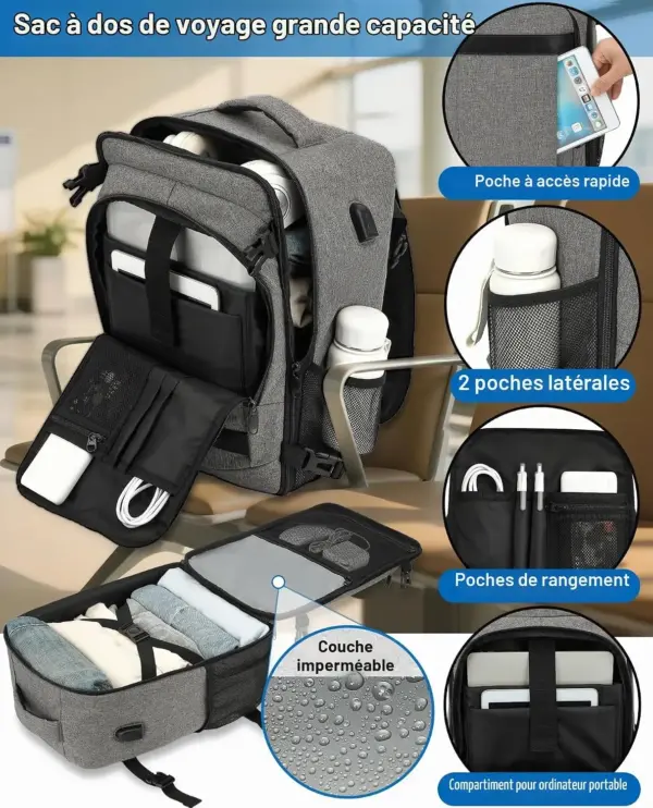 klostain-sac-dos-cabine-40x30x20-24l-gris-melange-clair-4 Sac à dos cabine KLOSTAIN 40x30x20 cm 24L – Gris Mélangé Clair