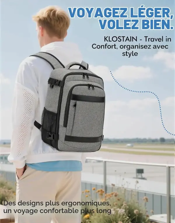 klostain-sac-dos-cabine-40x30x20-24l-gris-melange-clair-6 Sac à dos cabine KLOSTAIN 40x30x20 cm 24L – Gris Mélangé Clair
