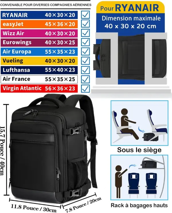 klostain-sac-dos-cabine-40x30x20-24l-noir-2-1 Sac à dos cabine KLOSTAIN 40x30x20 cm 24L – Noir