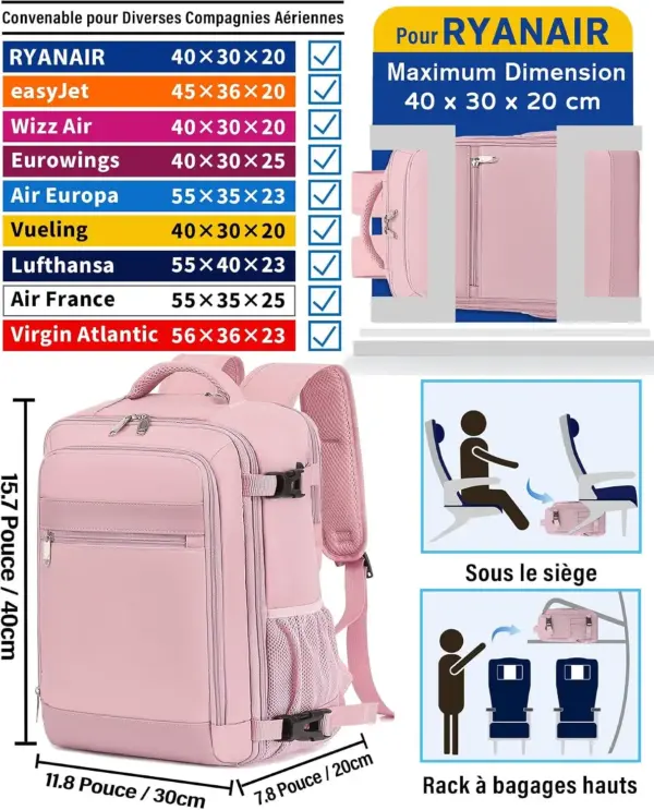 klostain-sac-dos-cabine-40x30x20-24l-rose-2 Sac à dos cabine KLOSTAIN 40x30x20 cm 24L – Rose