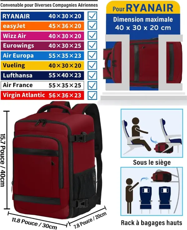 klostain-sac-dos-cabine-40x30x20-24l-rouge-profond-2 Sac à dos cabine KLOSTAIN 40x30x20 cm 24L – Rouge Profond