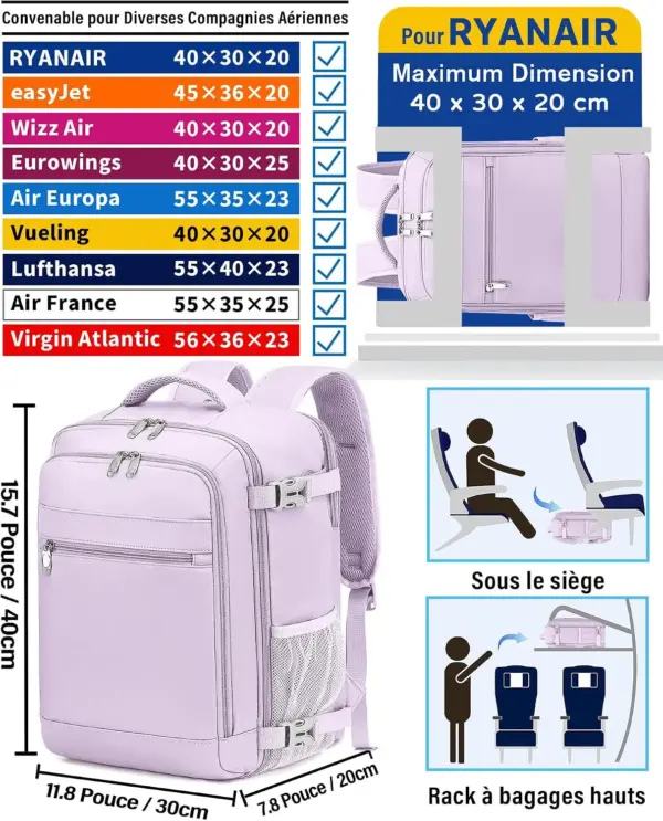 klostain-sac-dos-cabine-40x30x20-24l-violet-clair-2-1 Sac à dos cabine KLOSTAIN 40x30x20 cm 24L – Violet Clair