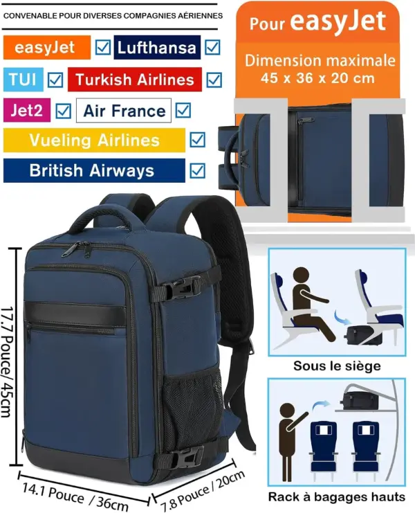 klostain-sac-dos-cabine-45x36x20-30l-bleu-profond-2-1 Sac à dos cabine KLOSTAIN 45x36x20 cm 30L – Bleu Profond