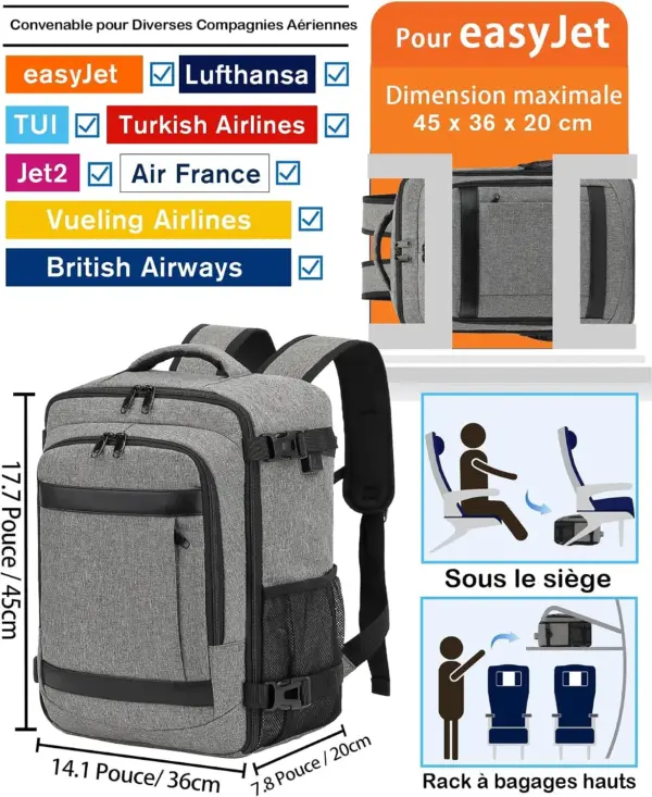 klostain-sac-dos-cabine-45x36x20-30l-gris-melange-clair-2 Sac à dos cabine KLOSTAIN 45x36x20 cm 30L – Gris Mélangé Clair