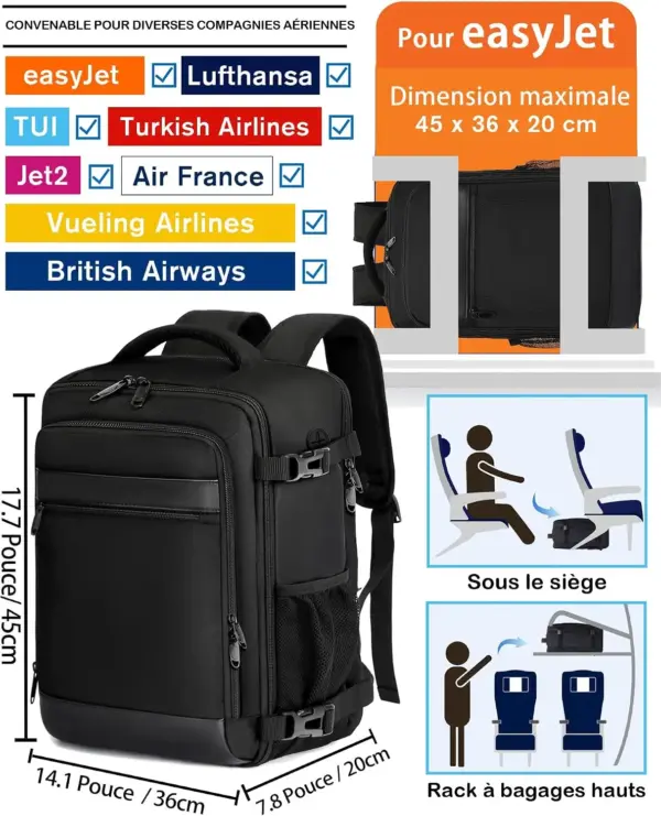 klostain-sac-dos-cabine-45x36x20-30l-noir-2-1 Sac à dos cabine KLOSTAIN 45x36x20 cm 30L – Noir
