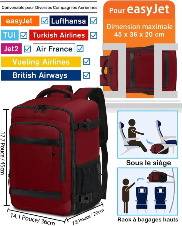 klostain-sac-dos-cabine-45x36x20-30l-rouge-profond-2 Sac à dos cabine KLOSTAIN 45x36x20 cm 30L – Rouge Profond