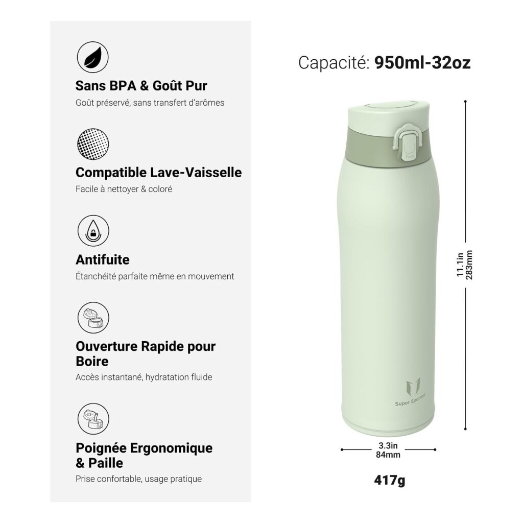 Botella térmica TwinSip con 2 tapas – Medidas y peso indicados por la marca